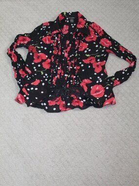 Sunny Taylor Size S Black Red Flowers White Dots Crinkle Fabric Long Sleeve Blou